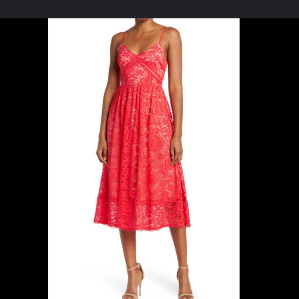 "NSR"  Red Crochet Stretch Lace Midi Dress Size S